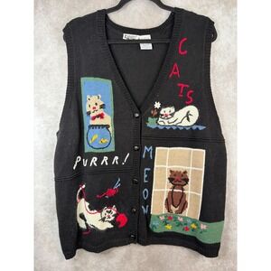 VTG 90s Capacity Woman Cat Sweater Vest Womens 2X Black Knit V-Neck Grandmacore